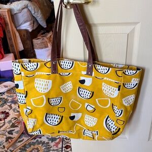 Maika Mustard Yellow Patterned Canvas Tote Bag with Brown Handles